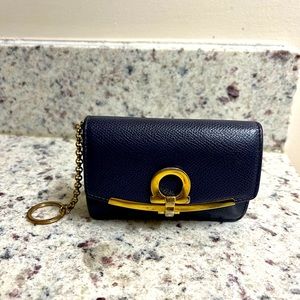 Navy and gold Salvatore Ferragamo card case wallet with keychain